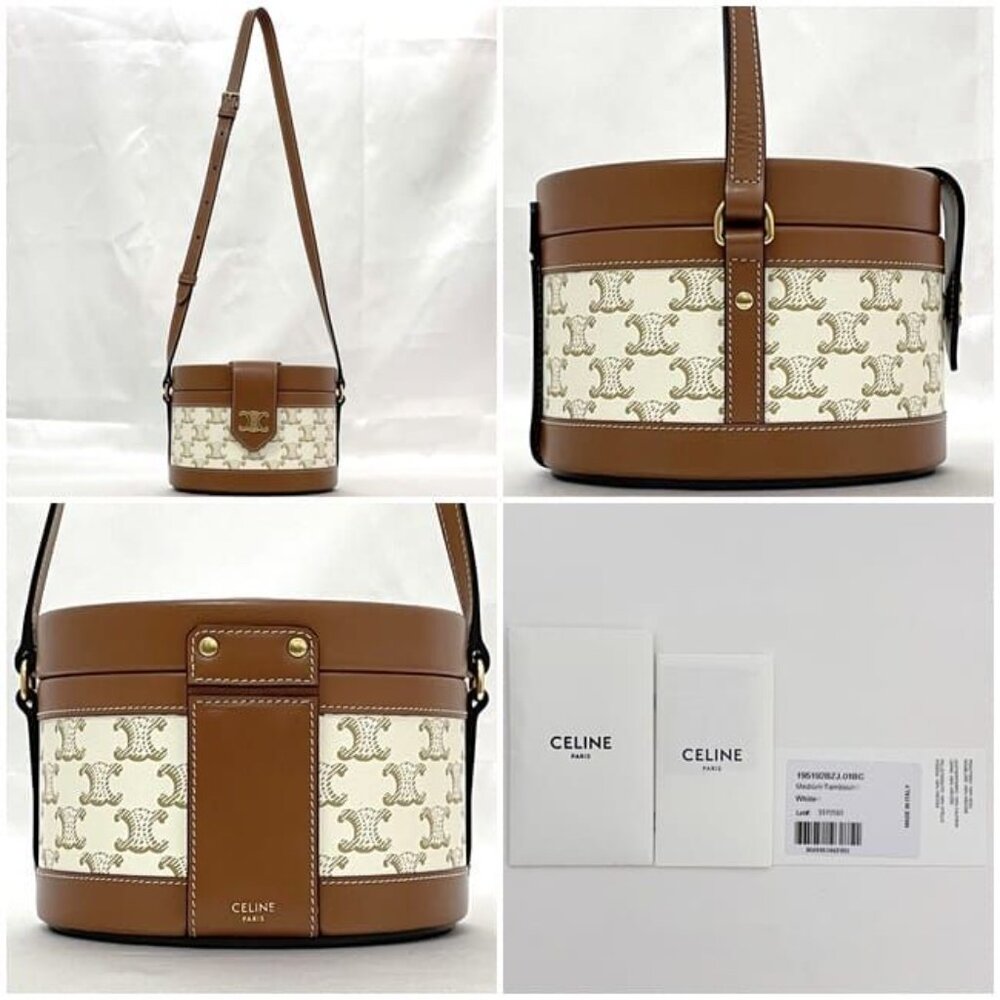 Celine Shoulder Bag Tambour White Brown Triomphe - Picture 2 of 10